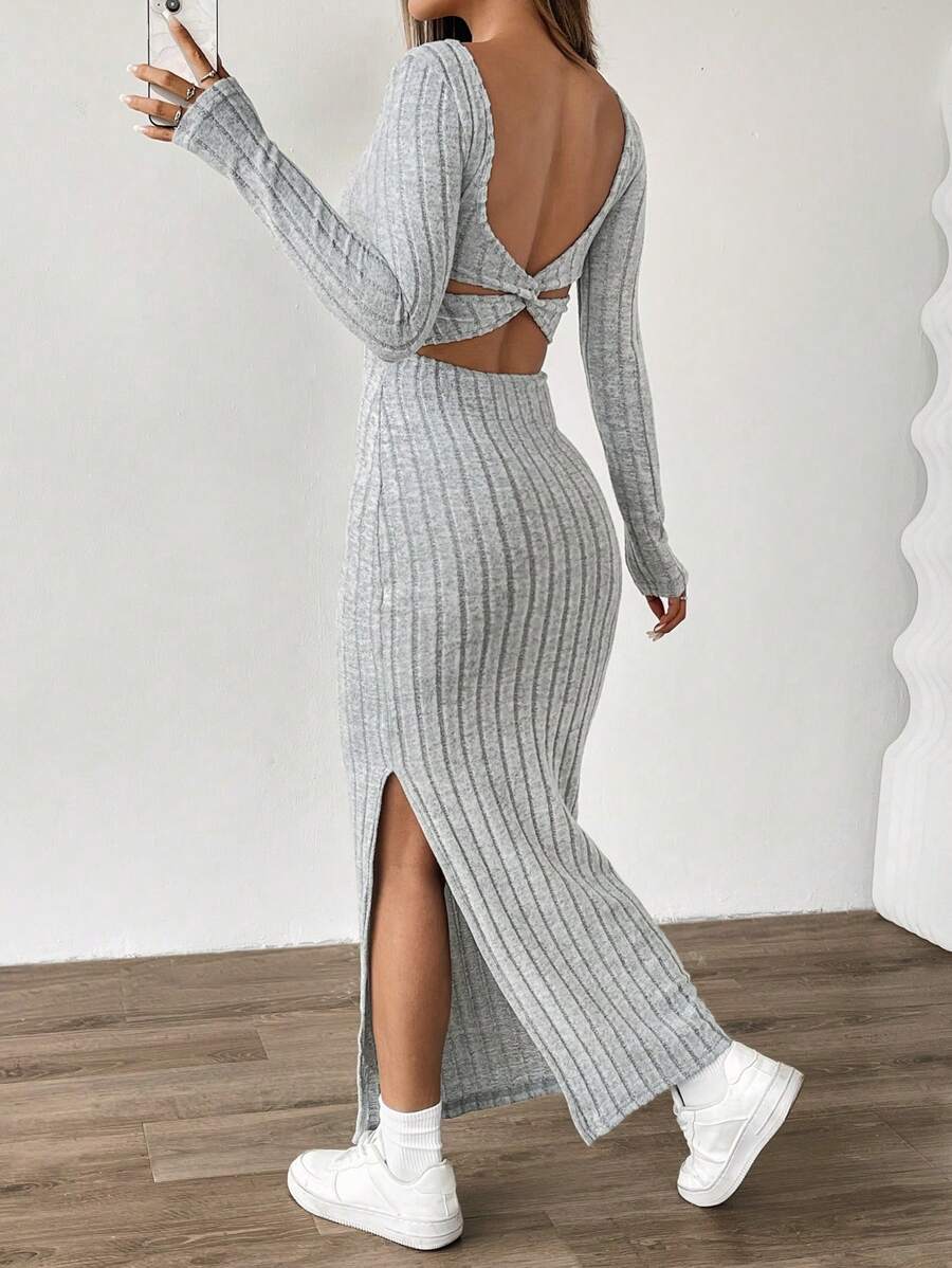 INAWLY Women Sexy Backless Fitted Split Hem Dress, Autumn Fall Cloth For Women - Grey - View 1