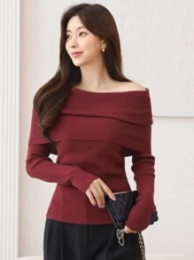 DAZY 女士纯色露肩毛衣，适合情人节和秋季服装 - 紅色 - 查看 4