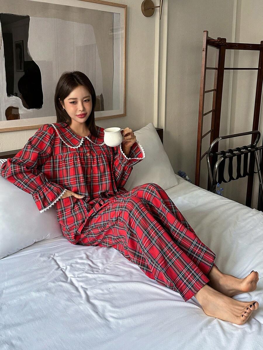 DAZY Cute Christmas Plaid Peter Pan Collar Ruffle Splicing Pajama Set, Fall Winter Clothes
