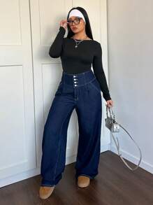 SHEIN ICON 大码牛仔裤休闲高腰纽扣蓝色镂空服装圣诞节女装感恩节女装返校节冬季牛仔女郎服装抓绒 - 藍色 - 查看 5