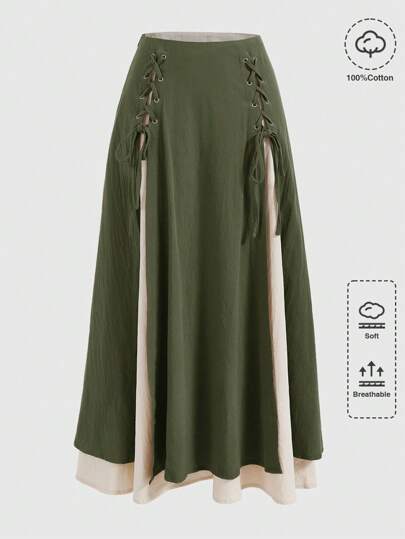 Fairycore Plus Size Women Renaissance Cottagecore Style Color Block Patchwork Tie-Up Skirt