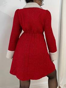Celure Vestido casual de fiesta para citas, reuniones y uso diario, elaborado en tela de bucle roja para Navidad, con cuello redondo, botones, lazo y bolsillo, para mujeres de talla grande, para otoño/invierno, ropa para Año Nuevo