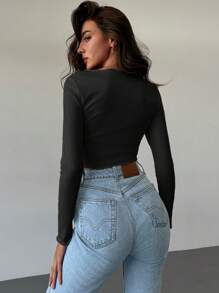 Aloruh 1 bucată tricou de damă alb cu mânecă lungă, decupată, cu volană, cu fundă, în față, cu tiv despicat, pentru întâlniri romantice