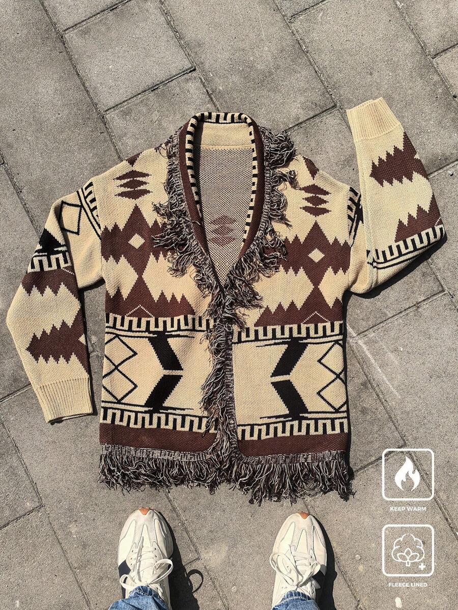 PAVTROS 男式全图案印花流苏装饰休闲针织开衫 - 杏色 - 查看 1