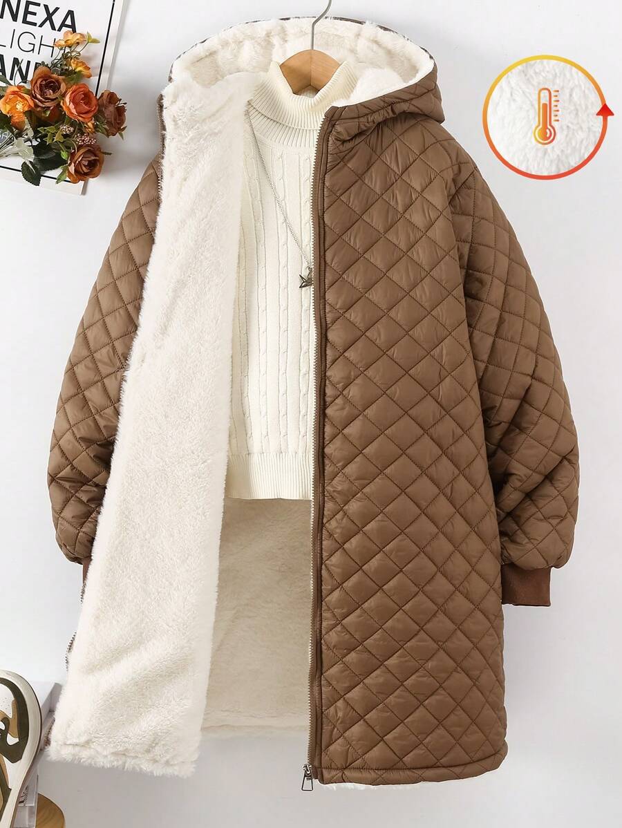Teen Girls Thickened Plaid Patterned Overcoat, Suitable For Daily Commuting, Casual, School And Gathering, Winter - Khaki - View 1