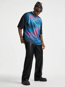 Manfinity VCAY Men's Knitted Gradient Letter Pattern Loose Drop Shoulder Round Neck Short Sleeve T-Shirt - Black - View 2