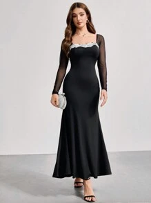 SHEIN Belle Elegante vestido de noche para mujer con mangas farol de malla, cuello cuadrado y bajo de cola de pez, vestido negro
