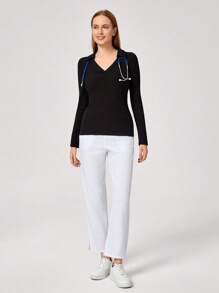 TaskEZ Solid Color Lapel Long Sleeve Nursing Scrub Uniform Top Scrub Top - Black - View 1