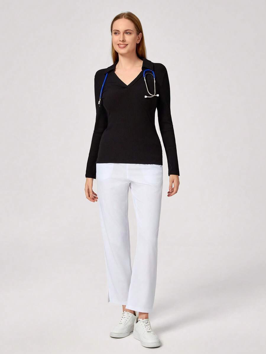 TaskEZ Solid Color Lapel Long Sleeve Nursing Scrub Uniform Top Scrub Top - Black - View 1