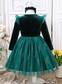Glamorique Kids Christmas, New Year's Young Girl Elegant Net Yarn Cap Sleeve Patchwork Luxurious Foil Velvet Green Party Dress, Autumn/Winter - Dark Green - View 2