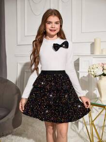 Bộ 2 món/bộ áo phông dài tay màu trắng cho bé gái tuổi teen và váy lấp lánh màu đen, dành cho Giáng sinh - Nhiều màu - Xem 8