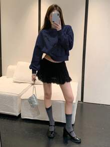 DAZY 女士休闲圆领长袖运动衫，蝴蝶结装饰，毛绒，秋季女装 - 藏蓝色 - 查看 2