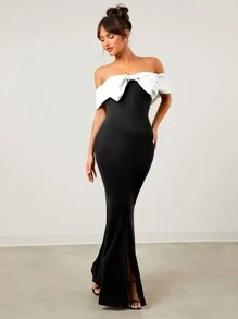 SHEIN SXY Vestido largo de noche elegante y sexy con un solo hombro, abertura alta en la cola de pez, color negro, imprescindible para fiesta de Año Nuevo o Día de San Valentín, con moño blanco - Blanco y Negro - Ver 4