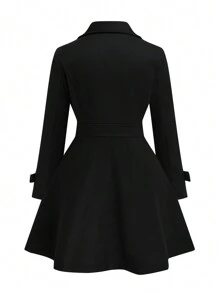 秋冬大码纯色双排扣收腰大衣 - 黑色 - 查看 2