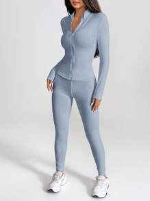 SHEIN PETITE 黑色两件套运动服拉链夹克和紧身裤 - 藍色 - 查看 3