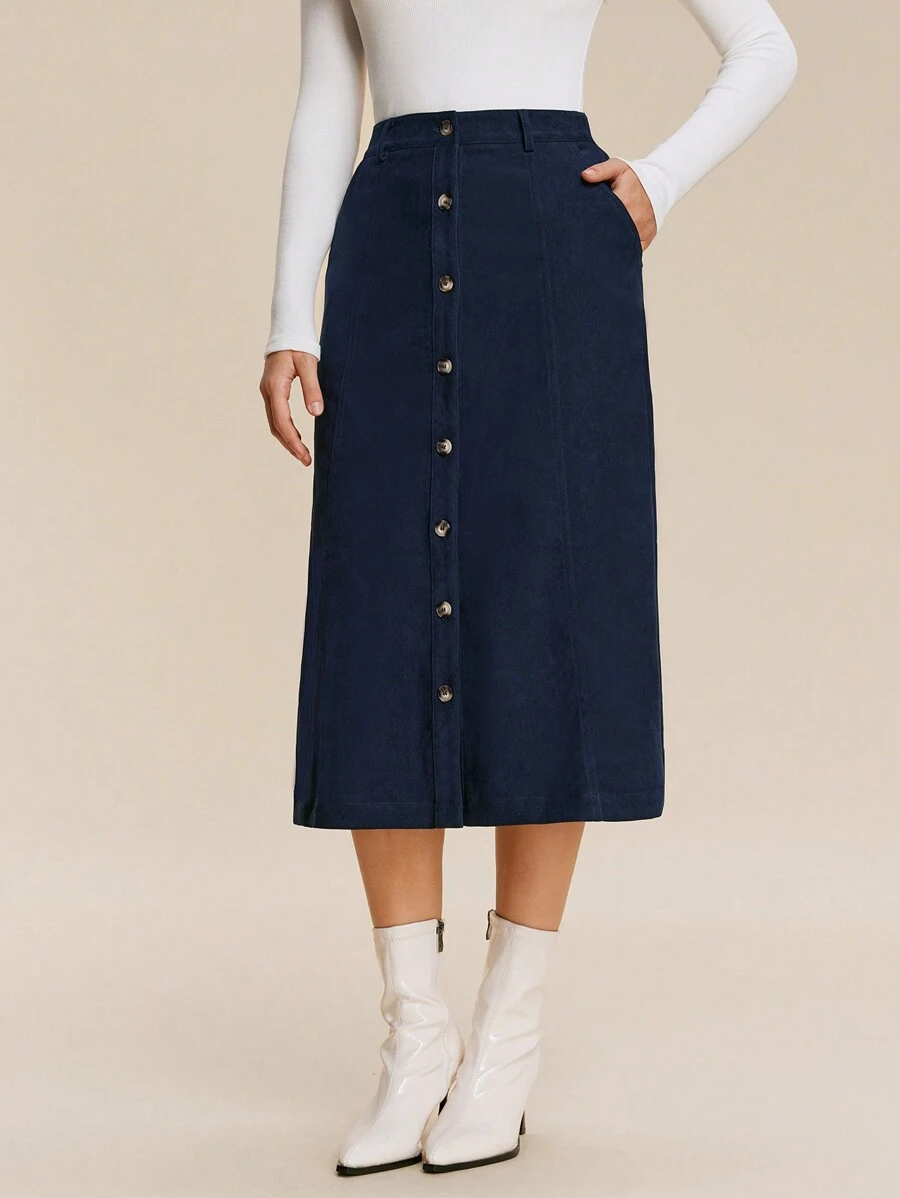 Chiquease Women's Pockets Decor Single Breasted Mid-Length Loose A-Line Skirt - Blue - View 1