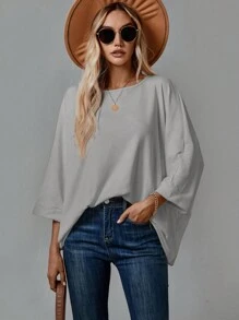 EMERY ROSE Women's Solid Color Round Neck Long Sleeve Basic T-Shirt, Casual Everyday Wear - Grey - View 4