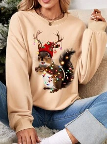 SHEIN Essnce Christmas Squirrel Light Shirt, Christmas Sweatshirt, Fun Christmas Sweatshirt, Christmas Gift Shirt, Family Christmas Shirt,Christmas Casual Minimalist Graphic Printed Crew Neck Loose Fit Women Sweatshirt, Autumn/Winter - Apricot - View 1