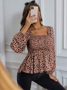 EMERY ROSE Women's Casual Polka Dot Print Square Neck Lantern Sleeve Shirred Bodice Peplum Top, Spring Autumn Peplum Top