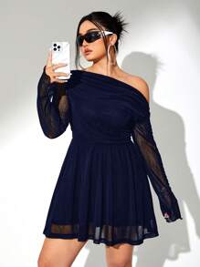 SHEIN ICON 大码女式纯色不对称领口优雅长袖连衣裙，秋季 - 藏蓝色 - 查看 2