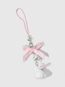 ROMWE Kawaii 2 件可爱卡哇伊甜美女孩高品质人造珍珠粉红丝带蝴蝶结白色 3D 植绒兔子手机吊坠钥匙扣包饰，适合姐妹、女朋友、朋友、女士、日常佩戴、节日礼物 - 白色 - 查看 8