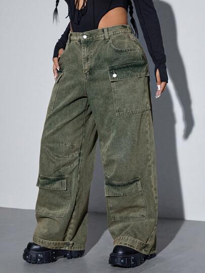 SHEIN ICON Plus Size Women Casual Loose Multi-Pocket Denim Jeans For Spring/Autumn, Versatile Everyday Wear