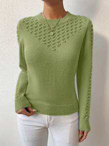 EMERY ROSE Women Solid Color Crew Neck Long Sleeve Hollow Out Casual Sweater, Autumn Knit Pullover Fall Winter Outfit - Green - View 4