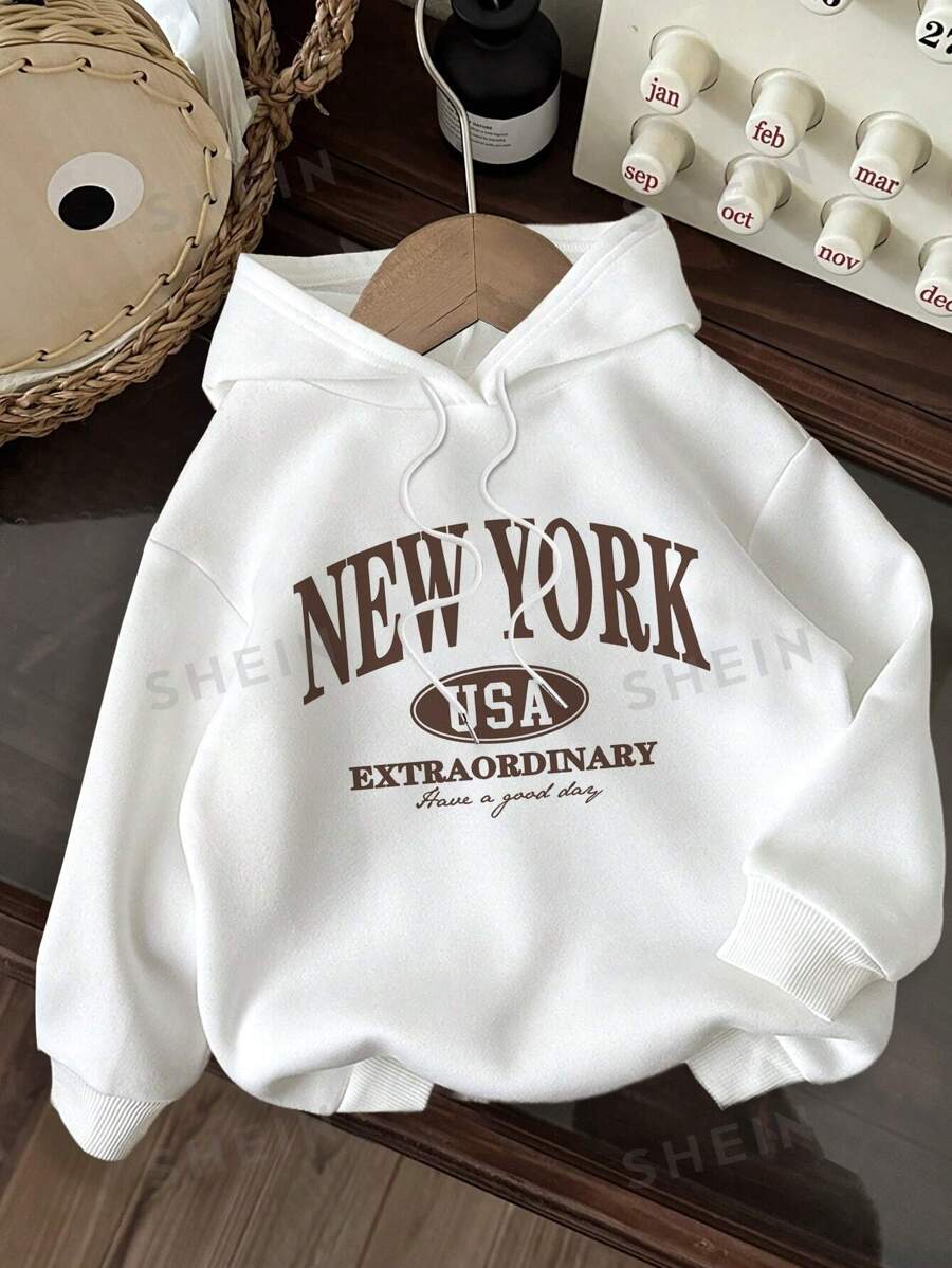 SHEIN EZwear Sudadera holgada de ajuste suelto con estampado de letras minimalista casual, de manga larga y capucha para mujer, para otoño/invierno