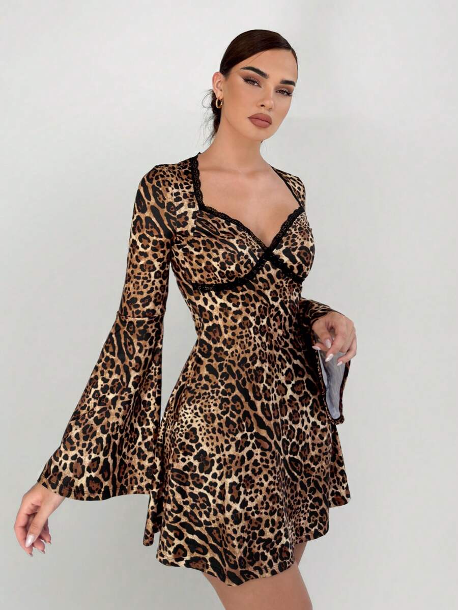 Aloruh Women's Sweetheart Neck Lace Panel Leopard Print Flare Sleeve Fashion Dress - Multicolor - View 1