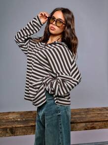 Athîral Women Casual Stripe Zipper Partial Placket Drop Shoulder Long Sleeve Sweatshirt, Autumn/Winter Warm Cold Weather Thermal Brown - Brown - View 4