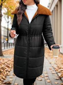 SHEIN Frenchy Abrigo acolchado negro de largo medio con cuello de piel, invierno, forro polar esponjoso para mantener el calor, grueso - Negro - Ver 1