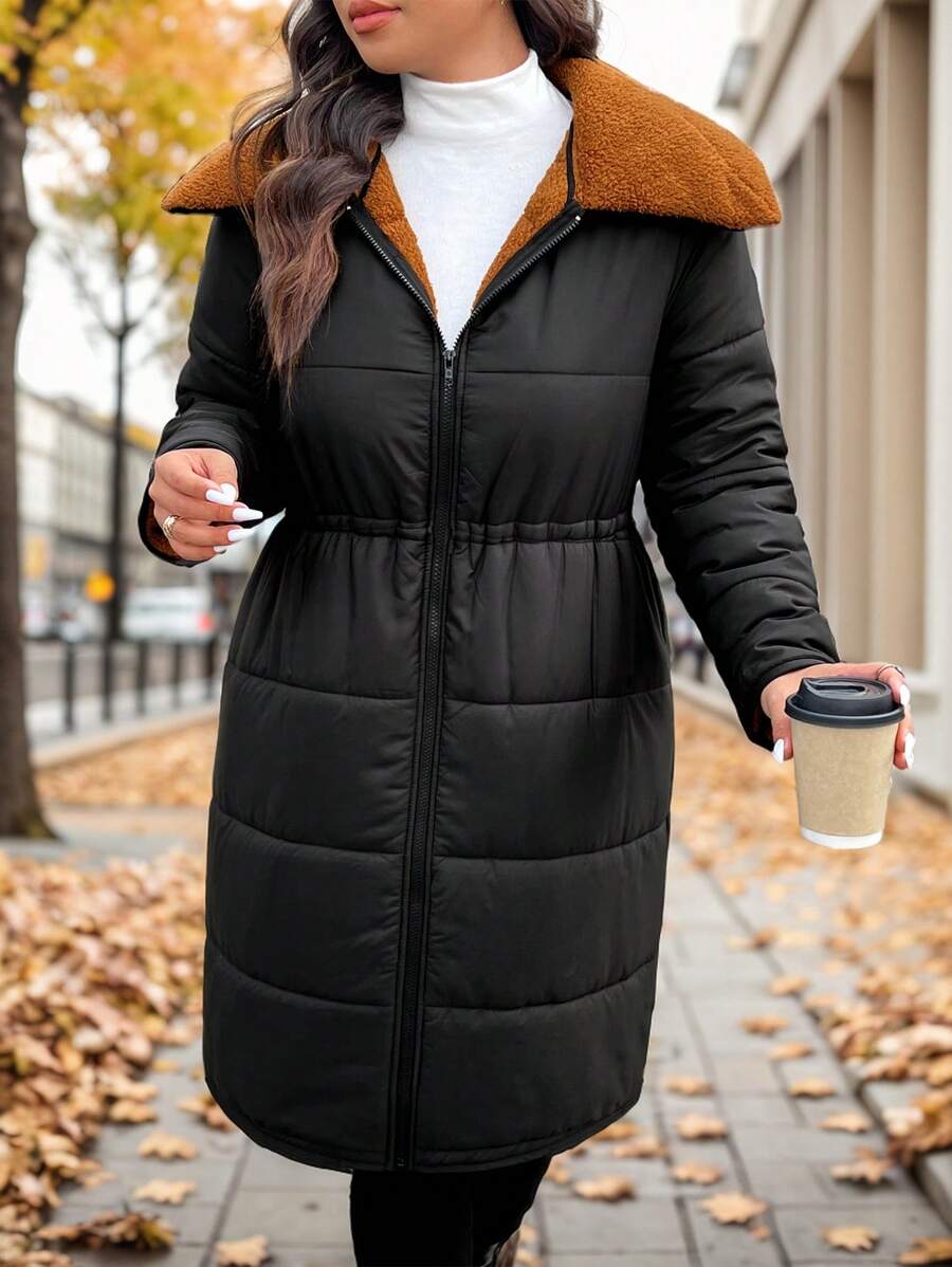 SHEIN Frenchy Abrigo acolchado negro de largo medio con cuello de piel, invierno, forro polar esponjoso para mantener el calor, grueso - Negro - Ver 1