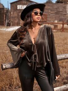 SHEIN VCAY 大码度假韩国绒毛喇叭袖系带衬衫圣诞服装女士度假服装女士西部西部女士服装波西米亚风女士服装外出服装天鹅绒上衣 - 咖啡棕 - 查看 7