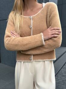 EURMUSE Women Casual Fuzzy Collar Cardigan, Autumn/Winter - Khaki - View 2