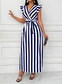 Xyvia 女式 V 领束腰宽裙长裙，带蝴蝶结，黑白竖条纹，长袖超长女装