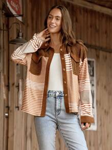 LanaWest Women Striped Color Block Fleece Patchwork Dropped Shoulder Button Flap Pocket Long Sleeve Jacket, Warm For Autumn/Winter Fall Cloth For Women - Multicolor - View 1