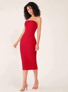 SHEIN BASICS 女士露肩修身紧身休闲晚礼服，舒适别致，新年 - 紅色 - 查看 4