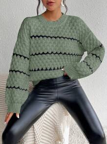 Chiquease Women's Casual Everyday Crew Neck Contrast Color Loose Drop Shoulder Sweater, Autumn/Winter