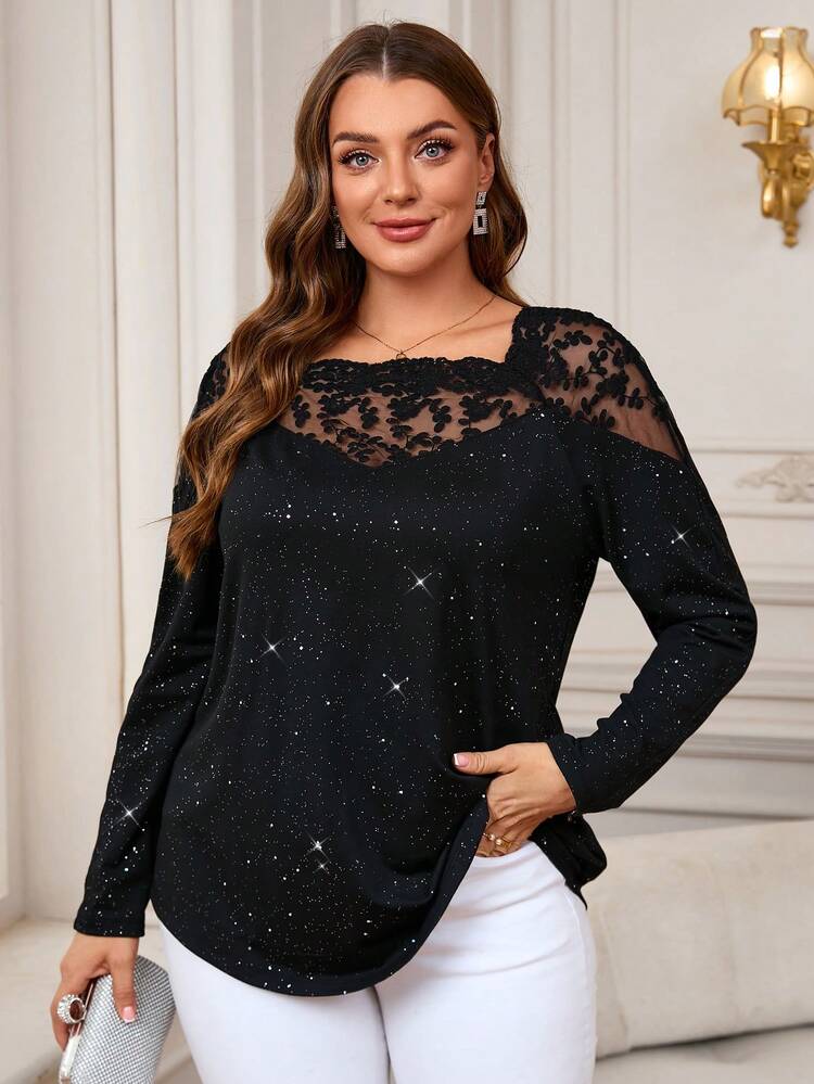 Plus Size   Women Clothes Elegant Contrast Lace Long Sleeve  T-Shirt,Spring