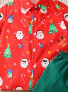 2pcs Young Boys Christmas Party Casual Gentleman Santa Claus, Reindeer, Christmas Tree Random Print Red Short Sleeve Shirt + Olive Green Shorts With Pockets Set, Suitable For Holiday Celebration, Family Gathering, Party And Dinner