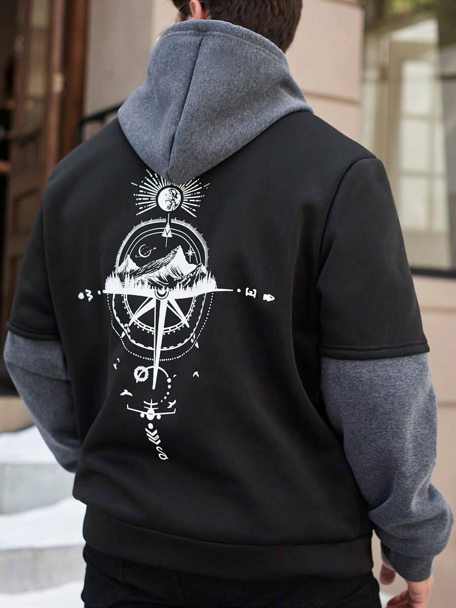 Manfinity Homme 大码男式纯色拼布印花休闲连帽衫 - 彩色 - 查看 1