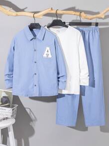Bộ 3 áo sơ mi denim phong cách Hàn Quốc cho bé trai tuổi teen, áo phông và quần dài phù hợp để đi làm, đi học, mặc thường ngày, thể thao, xuân thu - Màu xanh lam - Xem 1