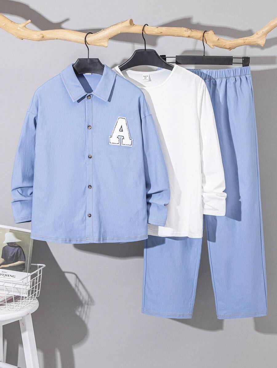Bộ 3 áo sơ mi denim phong cách Hàn Quốc cho bé trai tuổi teen, áo phông và quần dài phù hợp để đi làm, đi học, mặc thường ngày, thể thao, xuân thu - Màu xanh lam - Xem 1