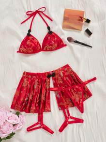 Spicy Aura 3 件套女士性感内衣套装 - 扣式胸罩、开衩半身衬裙、丁字裤 - 紅色 - 查看 6