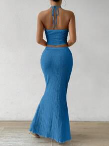 RiviMae 2 件女式紧身扭纹前上衣和长开叉下摆中长裙套装，性感修身 - 水鴨藍 - 查看 2