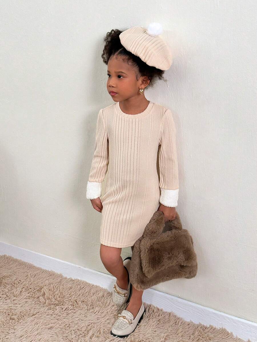 SHEIN Váy len cổ tròn tay dài thường ngày cho bé gái Nova Store kèm mũ phù hợp - Màu Khaki - Xem 1