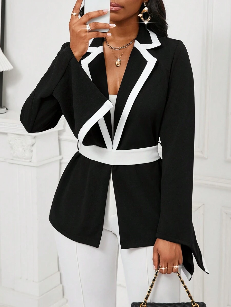 SHEIN Lady 秋冬优雅工作黑白女式西装外套 - 黑與白 - 查看 1