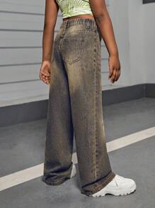 SHEIN Tween Girls' Y2k Washed Casual Retro Nostalgic Street Baggy Soft Wide Leg Jeans For Girls Summer - Dark Wash - View 2