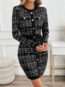 SHEIN Clasi 女式格子圆领长袖纽扣设计优雅工作中长连衣裙，秋季 - 黑色 - 查看 8