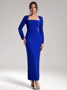 Coutiva 女士优雅针织海军蓝缀饰方领修身中长连衣裙，长袖正式晚会舞会礼服，适合婚礼嘉宾、毕业典礼、晚宴、派对礼服 - 藍色 - 查看 1